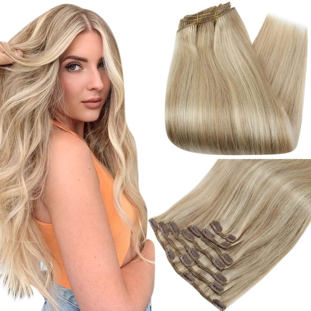 Full Shine Clip in Hair Extensions Human Hair Clip in Extensions Balayage Color 10 Golden Brown Fading to 16 Golden Blonde Highlight 16 Blonde Double Weft Invisible Clip in 12 Inch