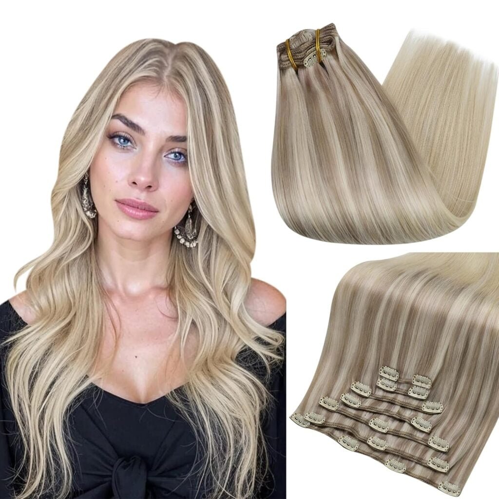 Full Shine Clip in Hair Extensions Human Hair Clip in Extensions Balayage Color 10 Golden Brown Fading to 16 Golden Blonde Highlight 16 Blonde Double Weft Invisible Clip in 12 Inch