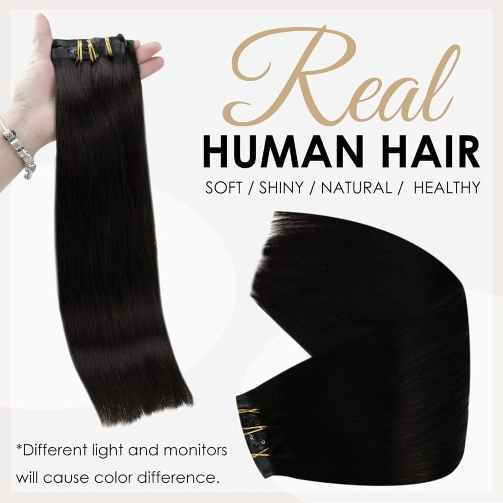 Full Shine Hair Extensions Clip Ins Off Black Human Hair Clip Ins 16 Inch Seamless Clip in Hair Extensions Pu Weft 8Pcs 120G+One Long Hair Extension Storage Bag With Hair Extension Hanger