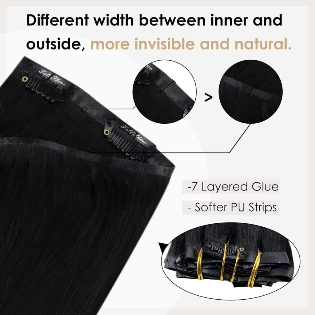 Full Shine Hair Extensions Clip Ins Off Black Human Hair Clip Ins 16 Inch Seamless Clip in Hair Extensions Pu Weft 8Pcs 120G+One Long Hair Extension Storage Bag With Hair Extension Hanger