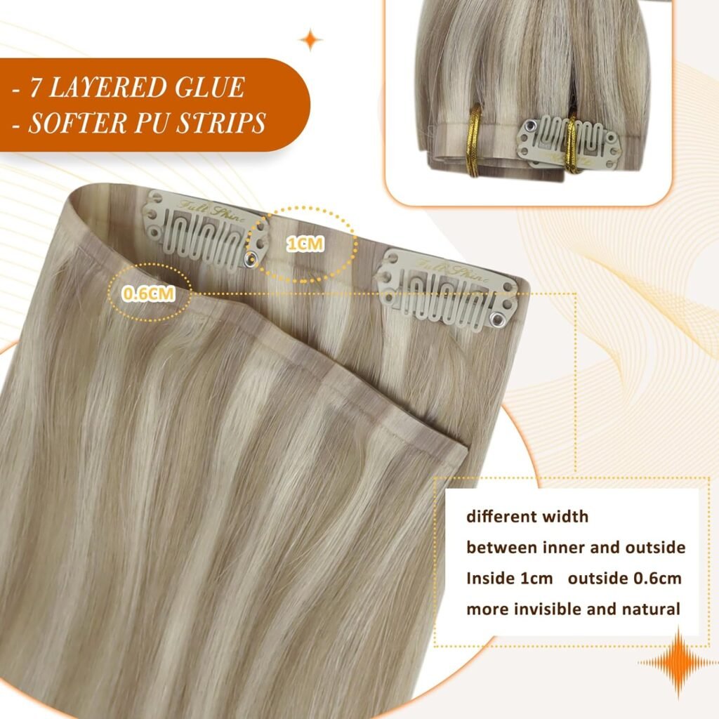 Full Shine Hair Extensions Real Human Hair Clip ins Blonde Highlight Seamless Clip in Human Hair Extensions 16 Inch 8 Pcs 120 Grams+One Long Hair Extension Storage Bag With Hair Extension Hanger