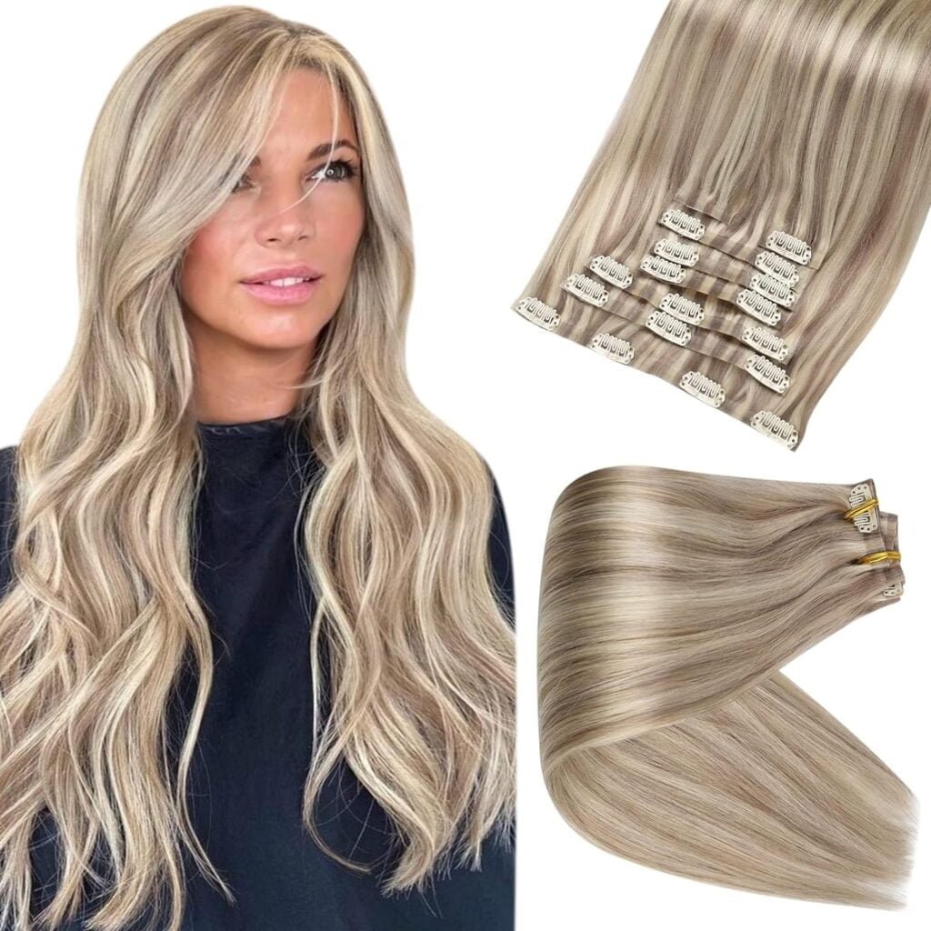 Full Shine Hair Extensions Real Human Hair Clip ins Blonde Highlight Seamless Clip in Human Hair Extensions 16 Inch 8 Pcs 120 Grams+One Long Hair Extension Storage Bag With Hair Extension Hanger