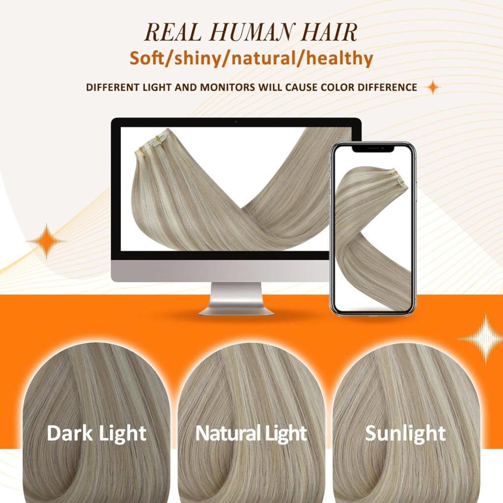 Full Shine Hair Extensions Real Human Hair Clip ins Blonde Highlight Seamless Clip in Human Hair Extensions 16 Inch 8 Pcs 120 Grams+One Long Hair Extension Storage Bag With Hair Extension Hanger