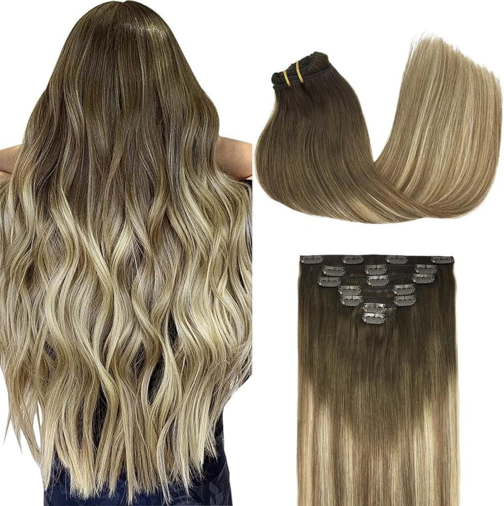 GOO GOO Clip in Hair Extensions Real Human Hair, 16inch, 3/8/613 Balayage Walnut Brown to Ash Brown and Bleach Blonde, Remy Human Hair Extensions Clip ins for Women, Soft  Natural Human Hair