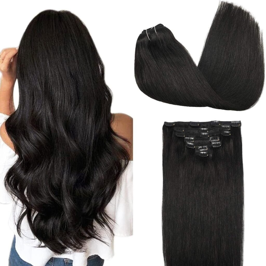 GOO GOO Clip in Hair Extensions Real Human Hair, 18inch 120g 7Pcs, 1B Natural black, Remy Human Hair Extensions Clip ins for Women, Natural Human Hair