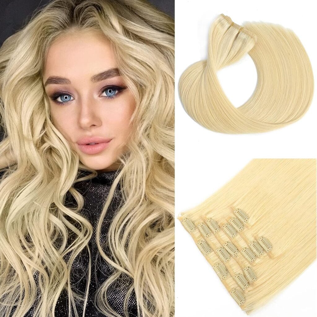 Hair Extenisons Clip in Hair Extensions Real Human Hair Straight 16 Inch Bleach Blonde 120g Soft No Tangle Silky Hair 7Pcs Remy Human Hair Clip in Extensions for Black Women(16Inch,#613)