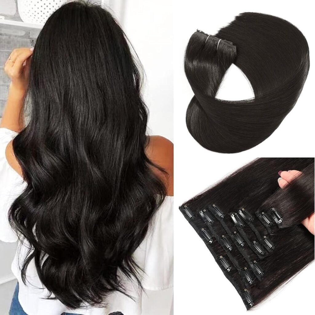 Hair Extenisons Clip in Hair Extensions Real Human Hair Straight 16 Inch Bleach Blonde 120g Soft No Tangle Silky Hair 7Pcs Remy Human Hair Clip in Extensions for Black Women(16Inch,#613)