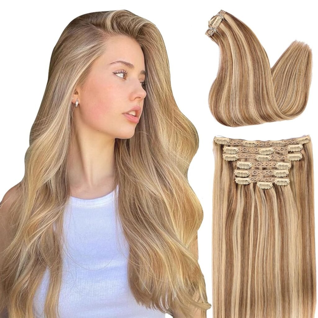 Hair Extensions Real Human Hair,Human Hair Clip In Extensions SoftNatural Human Hair Extensions Clip Ins 120g 7pcs Real Hair Extensions Clip In Human Hair StraightInvisible (24 Inch, 18/613)