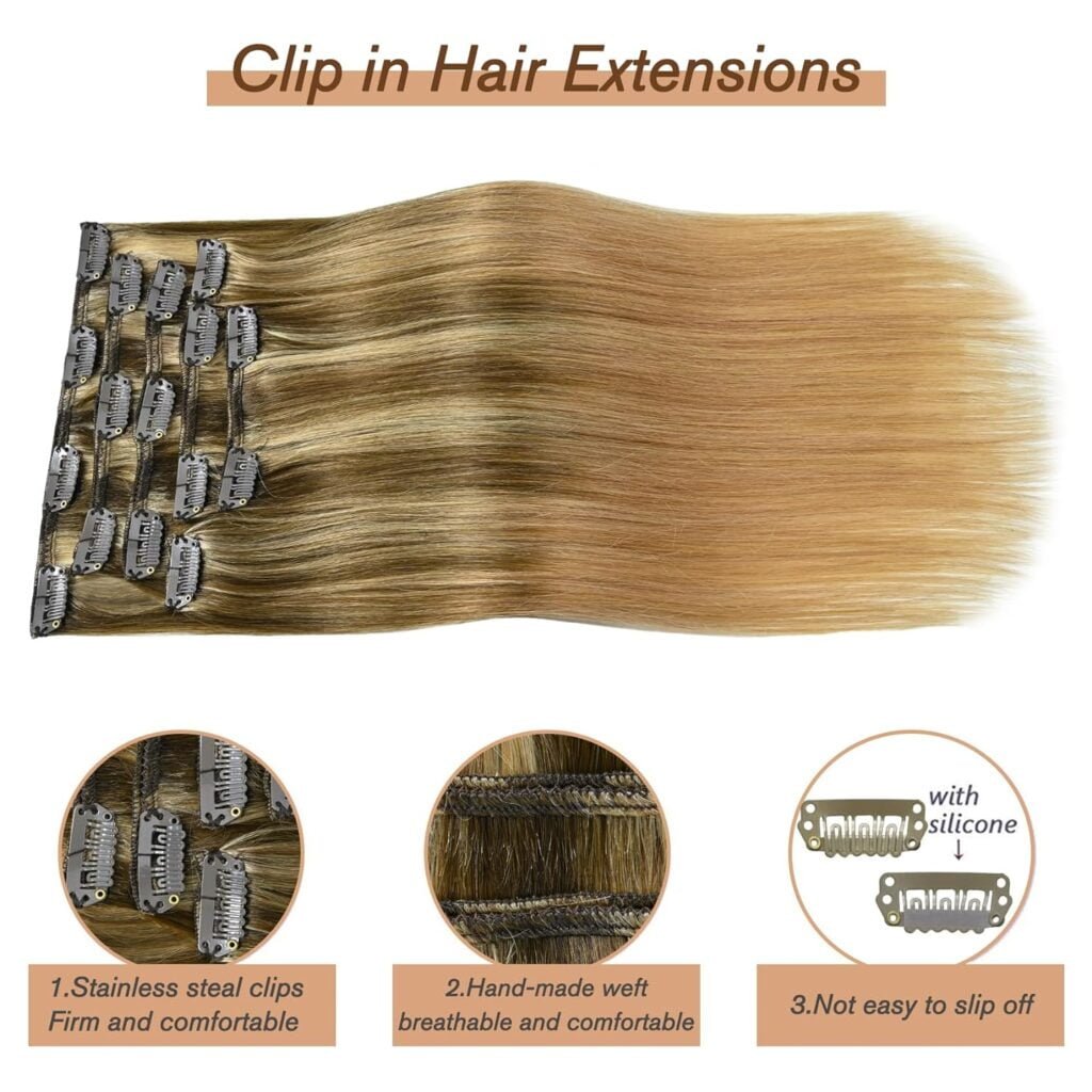 Honsoo Clip in Hair Extensions Real Human Hair, Balayage Hair Extensions Mixed Bleach Blonde 12inch 70g 7pcs Straight Silky Blonde Hair Extensions For Women Natural Hair