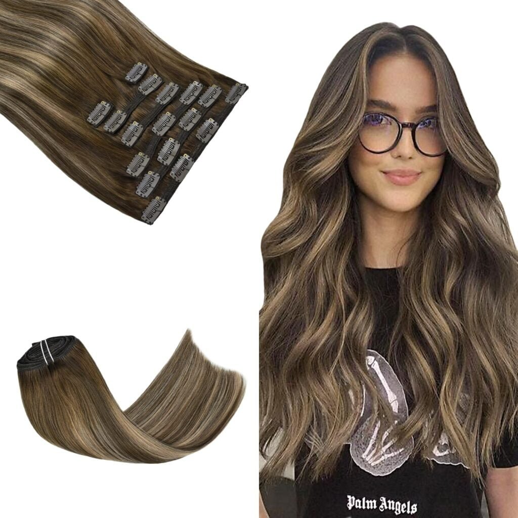 Honsoo Clip in Hair Extensions Real Human Hair, Balayage Hair Extensions Mixed Bleach Blonde 12inch 70g 7pcs Straight Silky Blonde Hair Extensions For Women Natural Hair