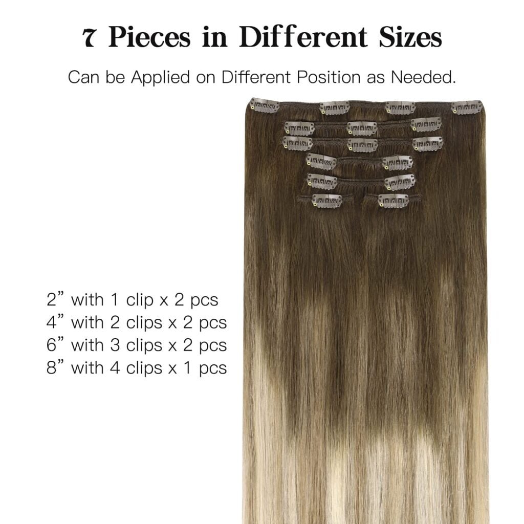 HOTBANANA Human Hair Clip in Hair Extensions, Balayage Chocolate Brown Mixed Caramel Blonde 120g Clip in Hair Extensions Real Human Hair Straight Remy Hair Clip Ins Dark Roots Ombre 18 Inch 7pcs