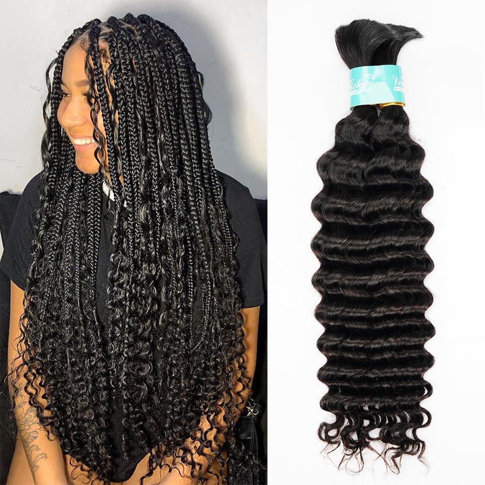 Human Braiding hair 18 Inch Deep Wave Bulk Human Hair for Braiding 100% Unprocessed Human hair No Weft Human Hair Bundles 100g 1Pack/2 Bundles Natural Black Human hair Braiding Hair for Boho Braids