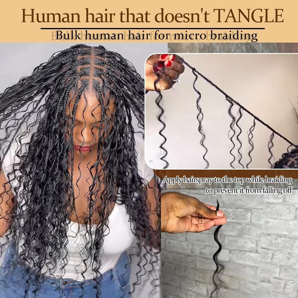 Human Braiding Hair 20 Inch 1Bundle/50g Deep Wave Bulk Human Hair for Braiding No Weft 100% Unprocessed Curly Micro Human Hair Braiding Hair Extensions for Boho Braids Wet and Wave #Natural Color
