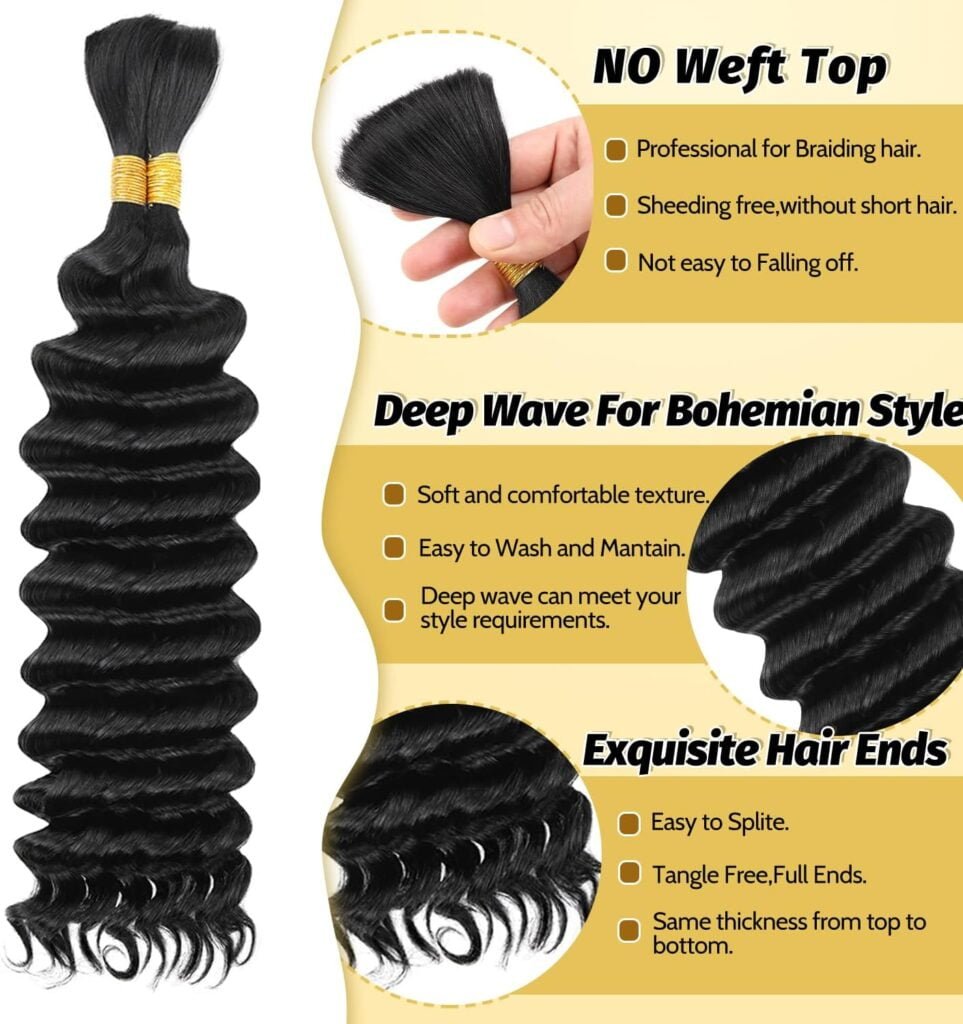 Human Braiding Hair 20 Inch 1Bundle/50g Deep Wave Bulk Human Hair for Braiding No Weft 100% Unprocessed Curly Micro Human Hair Braiding Hair Extensions for Boho Braids Wet and Wave #Natural Color
