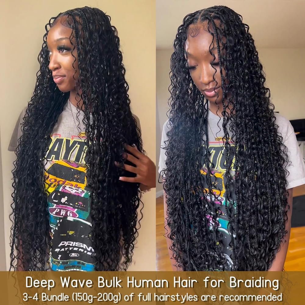 Human Braiding Hair 20 Inch 1Bundle/50g Deep Wave Bulk Human Hair for Braiding No Weft 100% Unprocessed Curly Micro Human Hair Braiding Hair Extensions for Boho Braids Wet and Wave #Natural Color