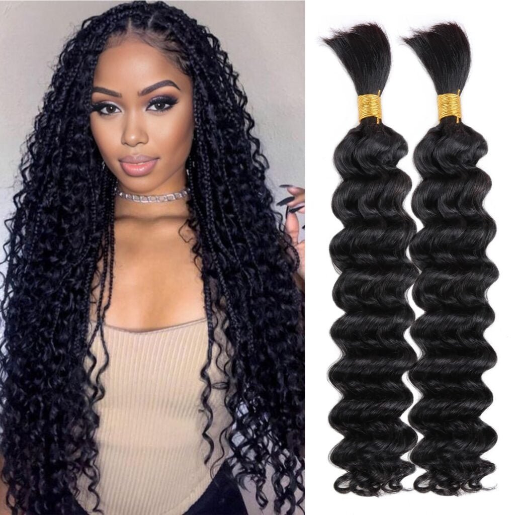 Human Braiding Hair Bulk Human Hair for Braiding Deep Wave 100% Virgin Hair Bulk 100g 2 Bundles/Pack No Weft Human Hair Extensions For Boho Braids Knotless Box Braid Natural Black 16 Inch