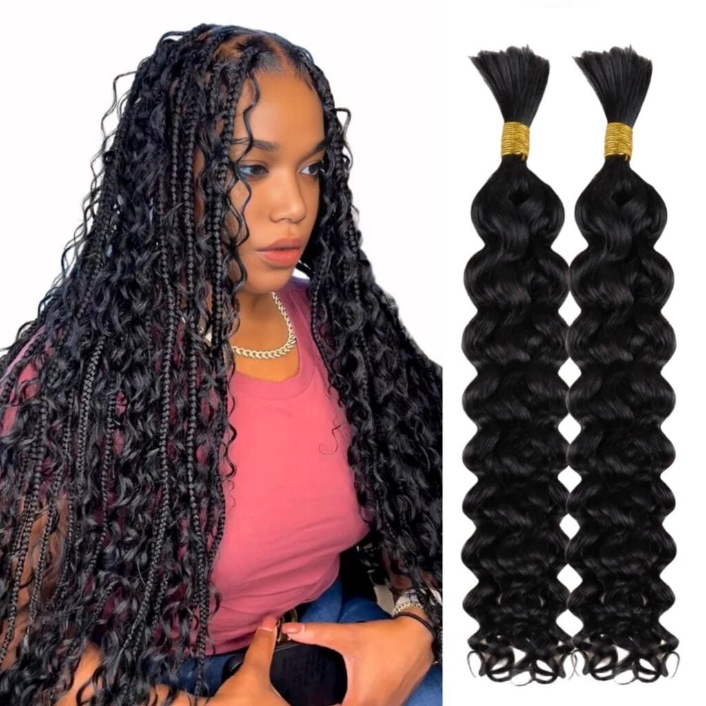 Human Braiding Hair Bulk Human Hair for Braiding Deep Wave 100% Virgin Hair Bulk 100g 2 Bundles/Pack No Weft Human Hair Extensions For Boho Braids Knotless Box Braid Natural Black 16 Inch