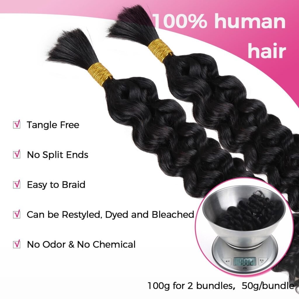 Human Braiding Hair Bulk Human Hair for Braiding Deep Wave 100% Virgin Hair Bulk 100g 2 Bundles/Pack No Weft Human Hair Extensions For Boho Braids Knotless Box Braid Natural Black 16 Inch