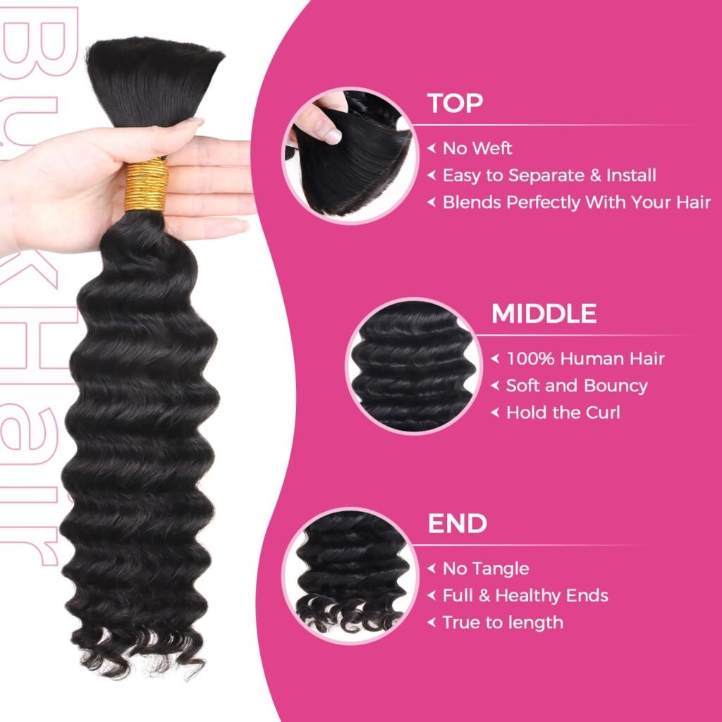Human Braiding Hair Bulk Human Hair for Braiding Deep Wave 100% Virgin Hair Bulk 100g 2 Bundles/Pack No Weft Human Hair Extensions For Boho Braids Knotless Box Braid Natural Black 16 Inch