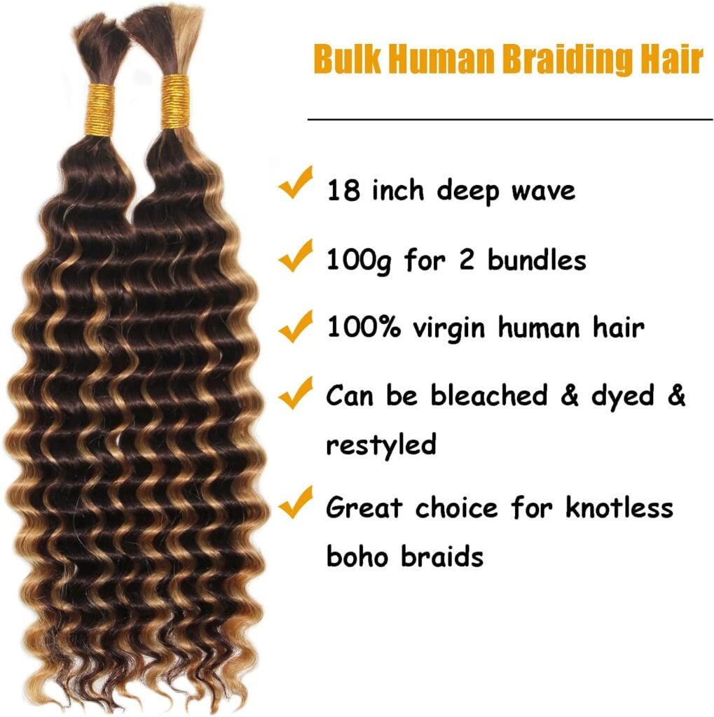 Human Braiding Hair Deep Wave Bulk Human Hair Bundles No Weft Curly Human Hair For Boho Braids 100 Percent Human Hair For Braiding(18inch, 100g, 4/27)