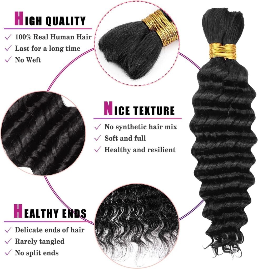 Human Braiding Hair Deep Wave Bulk Human Hair for Braiding, No Weft Curly Braiding Hair Extensions for Boho Braids Wet and Wavy Braiding Human Hair Bundles(18inch,1B,100g)