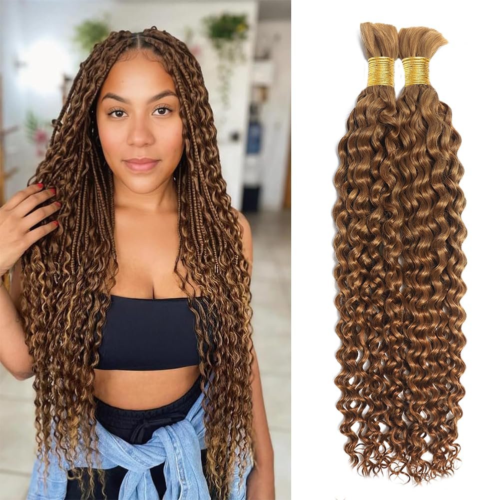 Human Braiding Hair for Boho Knotless Braids Bulk Curly Bundles Human Hair for Micro Braiding Wet and Wavy Water Wave No Weft Human Hair Extension for Box Boho Braids 100g with 2 Bundles 4/27#