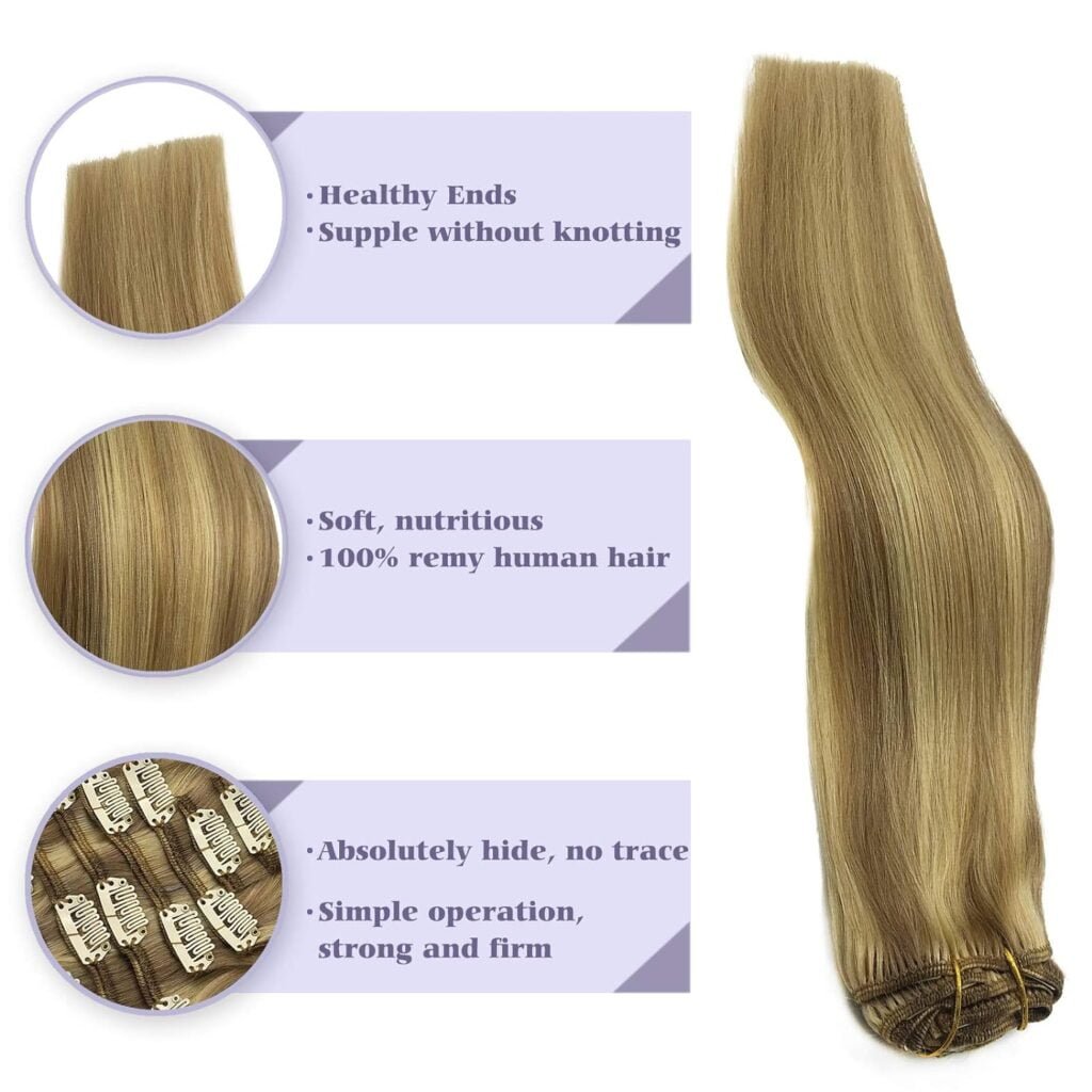 Human Hair Clip in Extensions Balayage Chocolate Brown Highlighted Dirty Blonde 120g 7pcs 20 Inch Remy Clip in Hair Extensions Real Hair Extensions Natural Straight Extensions