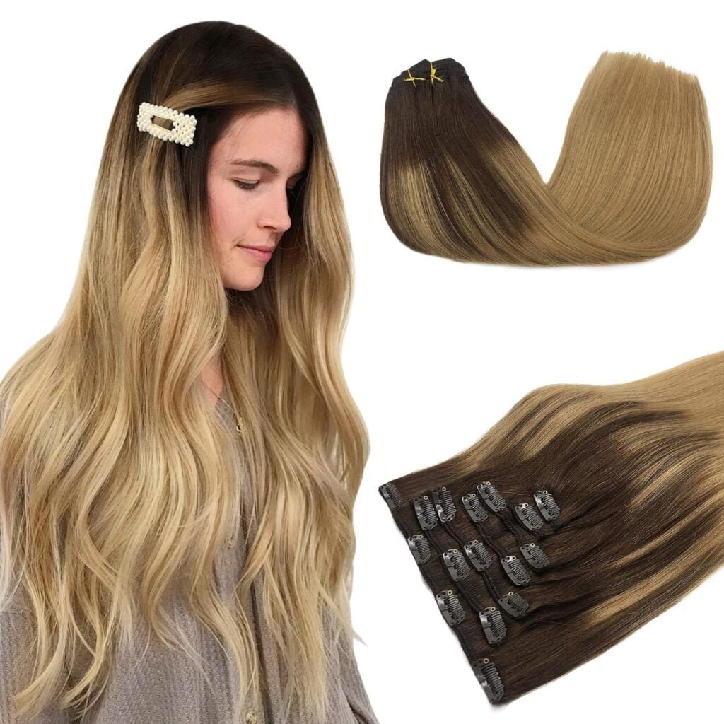 Human Hair Clip in Extensions Balayage Chocolate Brown Highlighted Dirty Blonde 120g 7pcs 20 Inch Remy Clip in Hair Extensions Real Hair Extensions Natural Straight Extensions