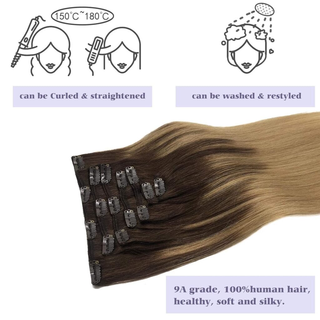 Human Hair Clip in Extensions Balayage Chocolate Brown Highlighted Dirty Blonde 120g 7pcs 20 Inch Remy Clip in Hair Extensions Real Hair Extensions Natural Straight Extensions