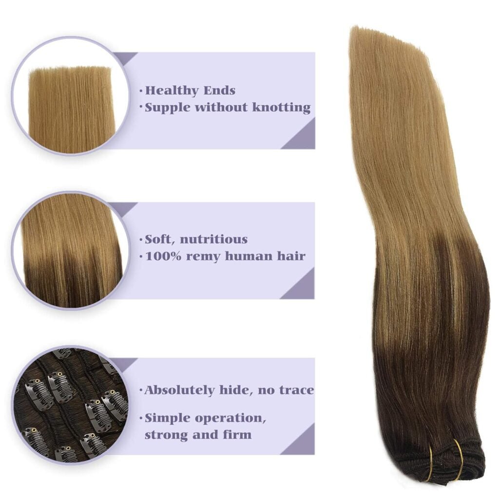 Human Hair Clip in Extensions Balayage Chocolate Brown Highlighted Dirty Blonde 120g 7pcs 20 Inch Remy Clip in Hair Extensions Real Hair Extensions Natural Straight Extensions