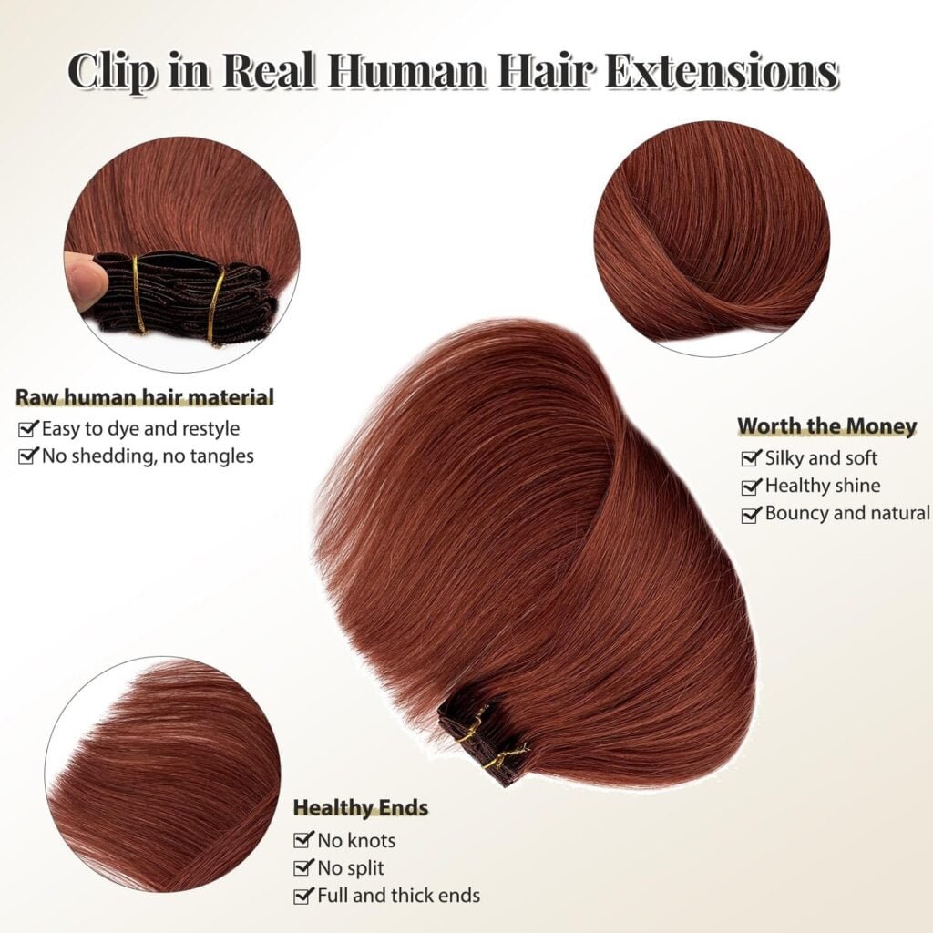 Human Hair Clip in Extensions for Women, 16 Inch Hand Tied Weft Clip in Hair Extensions Real Human Hair Seamless Clip ins Hair Extensions 7 Pieces Dark Auburn Remy Hair Extensions Clip in Human Hair