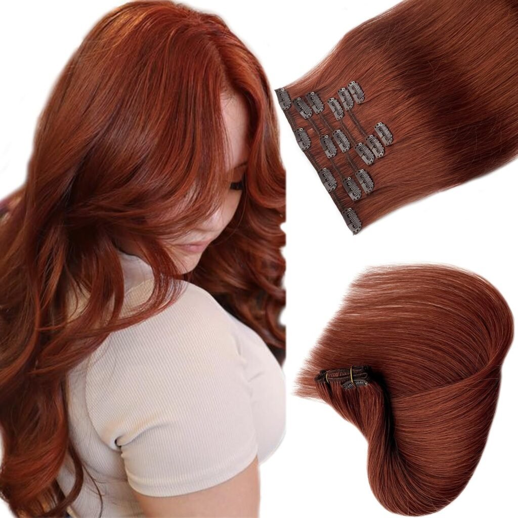 Human Hair Clip in Extensions for Women, 16 Inch Hand Tied Weft Clip in Hair Extensions Real Human Hair Seamless Clip ins Hair Extensions 7 Pieces Dark Auburn Remy Hair Extensions Clip in Human Hair