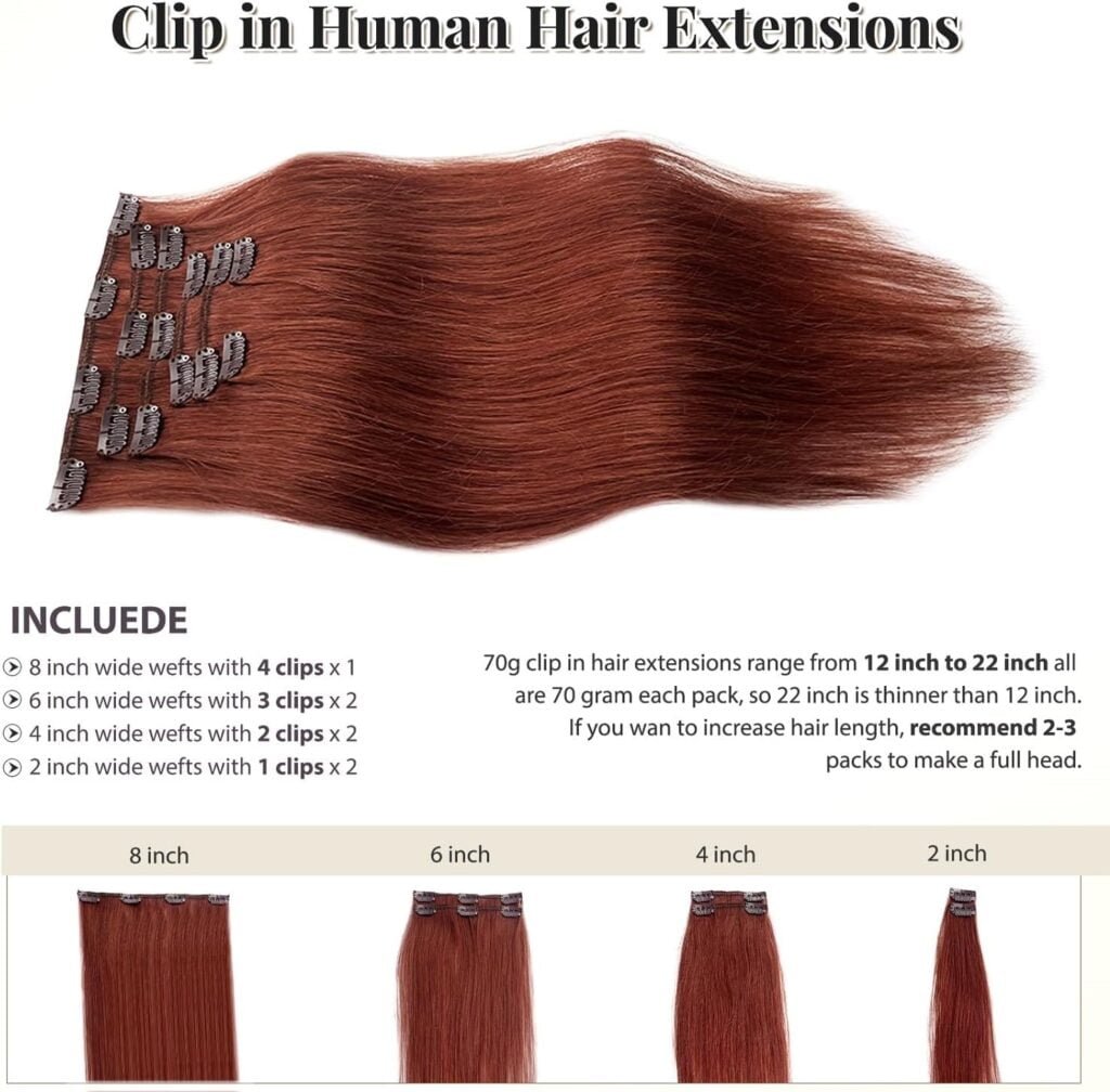Human Hair Clip in Extensions for Women, 16 Inch Hand Tied Weft Clip in Hair Extensions Real Human Hair Seamless Clip ins Hair Extensions 7 Pieces Dark Auburn Remy Hair Extensions Clip in Human Hair