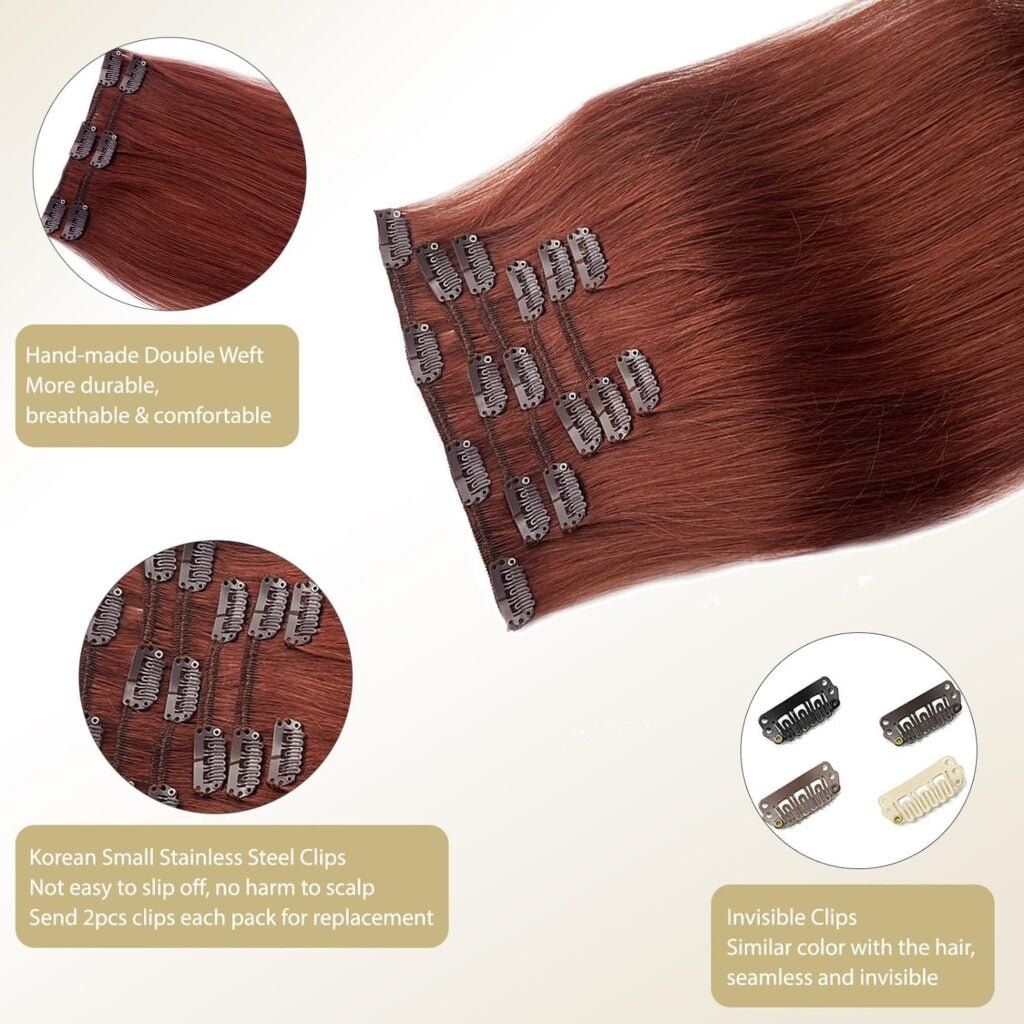 Human Hair Clip in Extensions for Women, 16 Inch Hand Tied Weft Clip in Hair Extensions Real Human Hair Seamless Clip ins Hair Extensions 7 Pieces Dark Auburn Remy Hair Extensions Clip in Human Hair