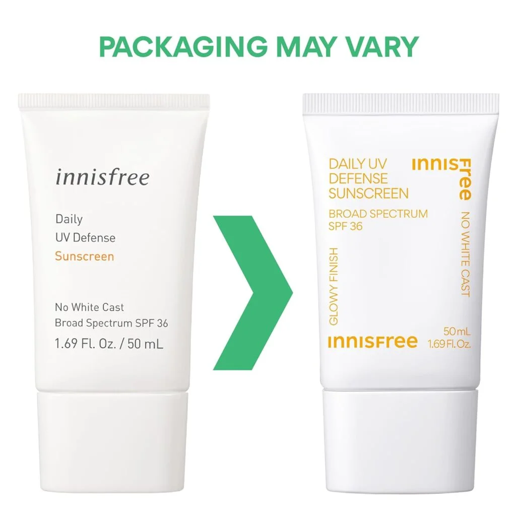 Innisfree Daily UV Defense Broad Spectrum SPF 36 invisible sunscreen: Hydrating, Soothing, No white-cast, TSA Friendly