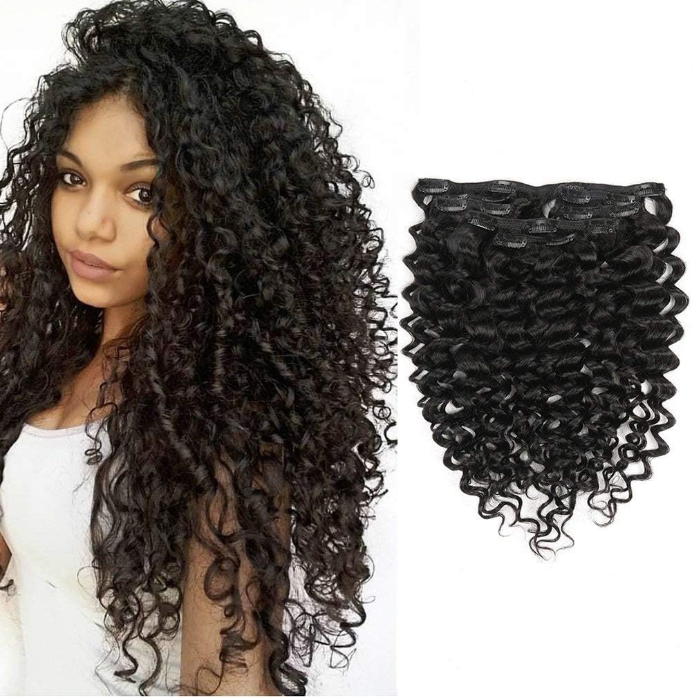 Jerry Curly 3B 3C Real Hair Clip in Extensions For Black Women Clip in Human Hair Extensions Natural Black Color 100% Brazilian African American Hair Extension (14 inch, Jerry Curly #1B)