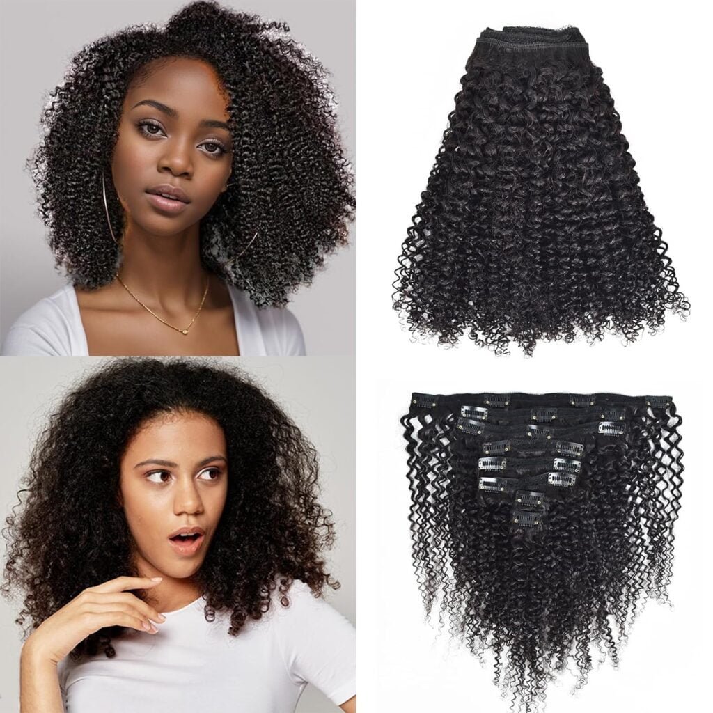 Kinky Curly Clip in Hair Extensions Brazilian Double Weft Human Hair Clip in Extensions for Black Woman120Gram 10Pcs/Set With 20 Clips Natural Color (16 inch)