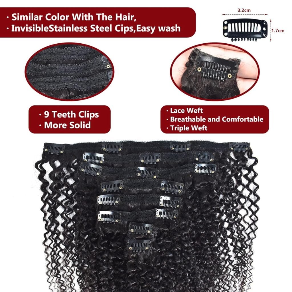 Kinky Curly Clip in Hair Extensions Brazilian Double Weft Human Hair Clip in Extensions for Black Woman120Gram 10Pcs/Set With 20 Clips Natural Color (16 inch)