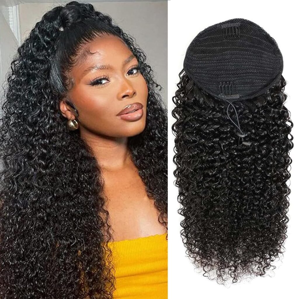 Kinky Curly Ponytail Extension Human Hair Drawstring Ponytail Human Hair Kinky Curly Clip in Ponytail Hair Extensions Hair Pieces for Women Natural Black 24 Inch