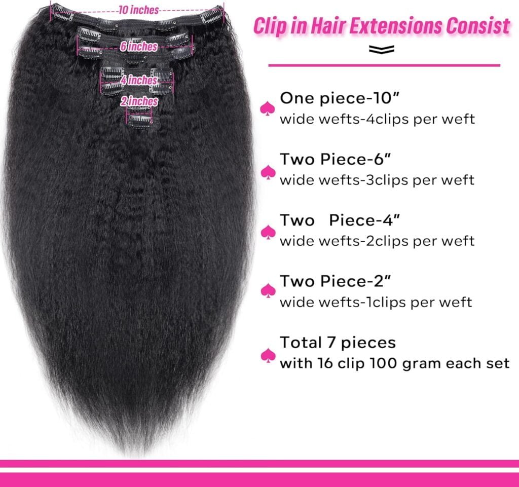 Kinky Straight Clip in Hair Extensions Full Head Brazilian Virgin Human Hair Kinky Straight Clip ins for Black Women,7Pcs whit 16 Clips Double Lace Weft,90Gram Natural Black(14Inch, 1B)