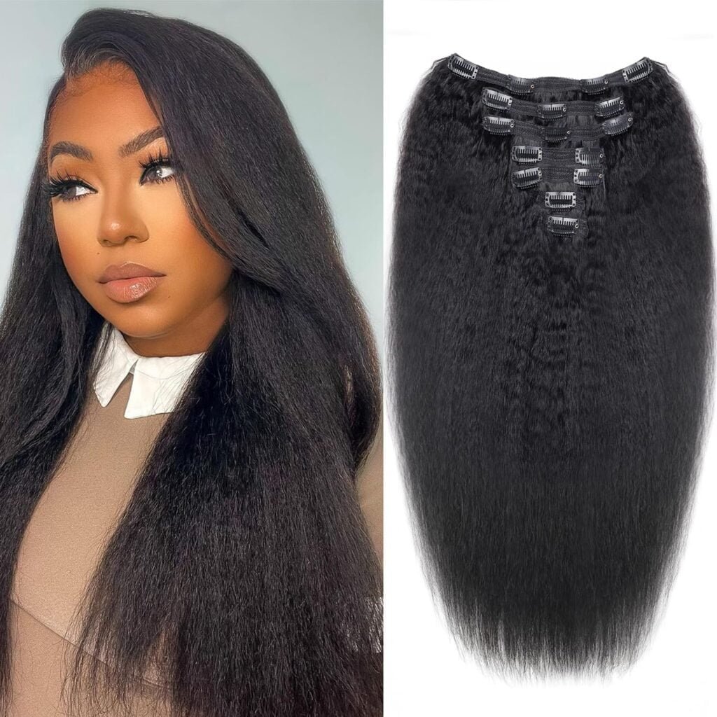 Kinky Straight Clip in Hair Extensions Full Head Brazilian Virgin Human Hair Kinky Straight Clip ins for Black Women,7Pcs whit 16 Clips Double Lace Weft,90Gram Natural Black(14Inch, 1B)