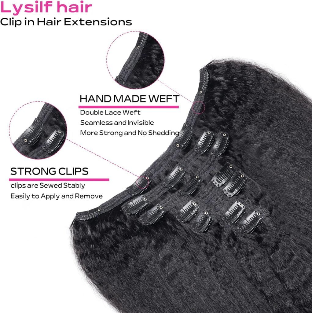 Kinky Straight Clip in Hair Extensions Full Head Brazilian Virgin Human Hair Kinky Straight Clip ins for Black Women,7Pcs whit 16 Clips Double Lace Weft,90Gram Natural Black(14Inch, 1B)