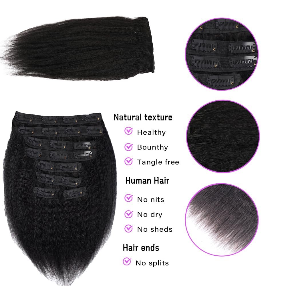 Kinky Straight Clip in Hair Extensions Real Human Hair for Black Women Full Head 8A Brazilian Real Hair Yaki Human Hair Clip ins Natural Color 8pcs 20 Clips 100g/Set (14 inch)