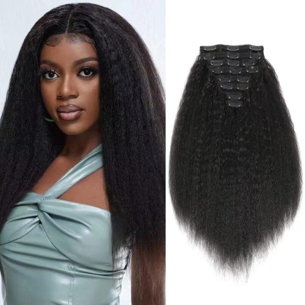 Kinky Straight Clip in Hair Extensions Real Human Hair for Black Women Full Head 8A Brazilian Virgin Human Hair Kinky Straight Clip ins Natural Black Color 8pcs/set 22 Inch