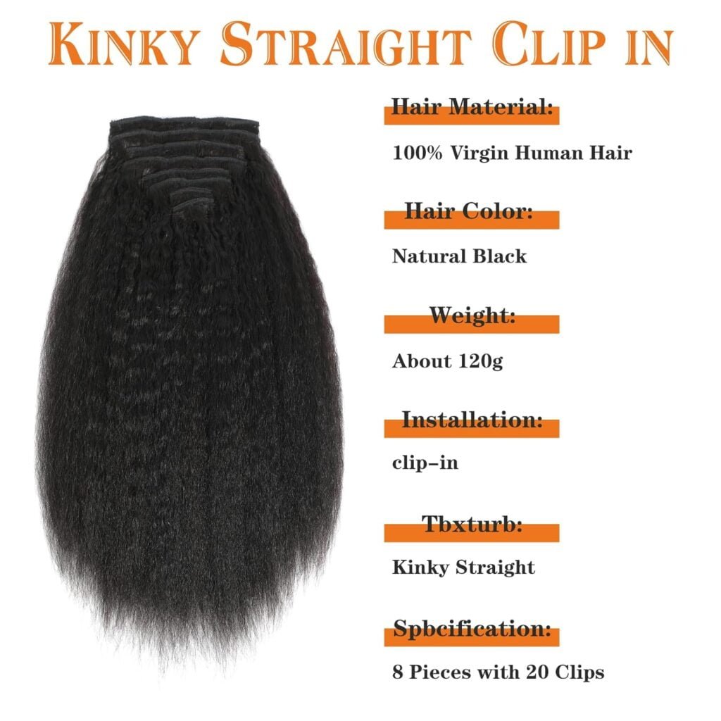 Kinky Straight Clip in Hair Extensions Real Human Hair for Black Women Full Head 8A Brazilian Virgin Human Hair Kinky Straight Clip ins Natural Black Color 8pcs/set 22 Inch
