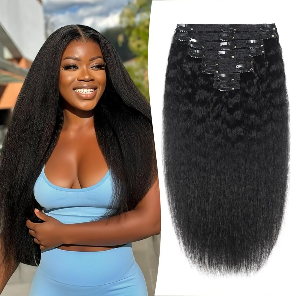 Kinky Straight Clip ins: 120g Clip in Hair Extensions Real Human Hair Natural Black for Women Remy Kinky Straight Human Hair Clip in Extensions Double Weft Seamless 18 Inch 8pcs