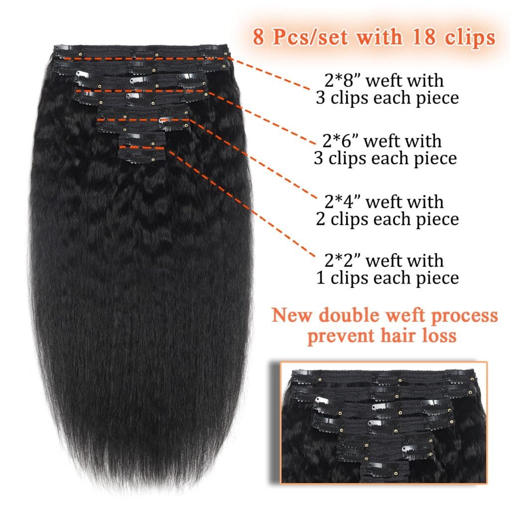 Kinky Straight Clip ins: 120g Clip in Hair Extensions Real Human Hair Natural Black for Women Remy Kinky Straight Human Hair Clip in Extensions Double Weft Seamless 18 Inch 8pcs
