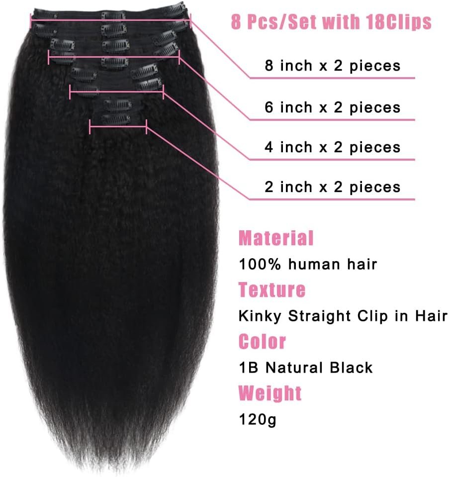 Kinky Straight Human Hair Clip in Extensions 120g Full Head Clip ins for Women 100% Unprocessed Brazilian Virgin Human Hair Yaki Straight Clip ins Remy Hair Natural Black 8Pcs 18Clips 16inch