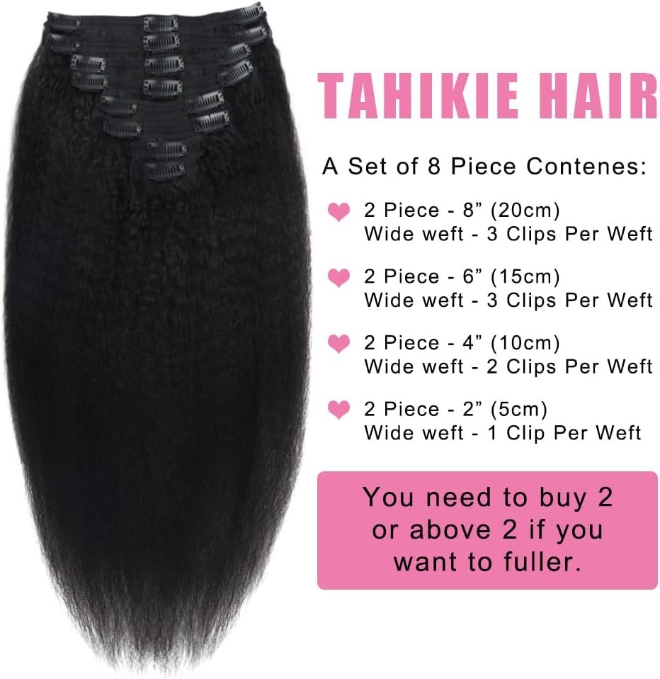 Kinky Straight Human Hair Clip in Extensions 120g Full Head Clip ins for Women 100% Unprocessed Brazilian Virgin Human Hair Yaki Straight Clip ins Remy Hair Natural Black 8Pcs 18Clips 16inch