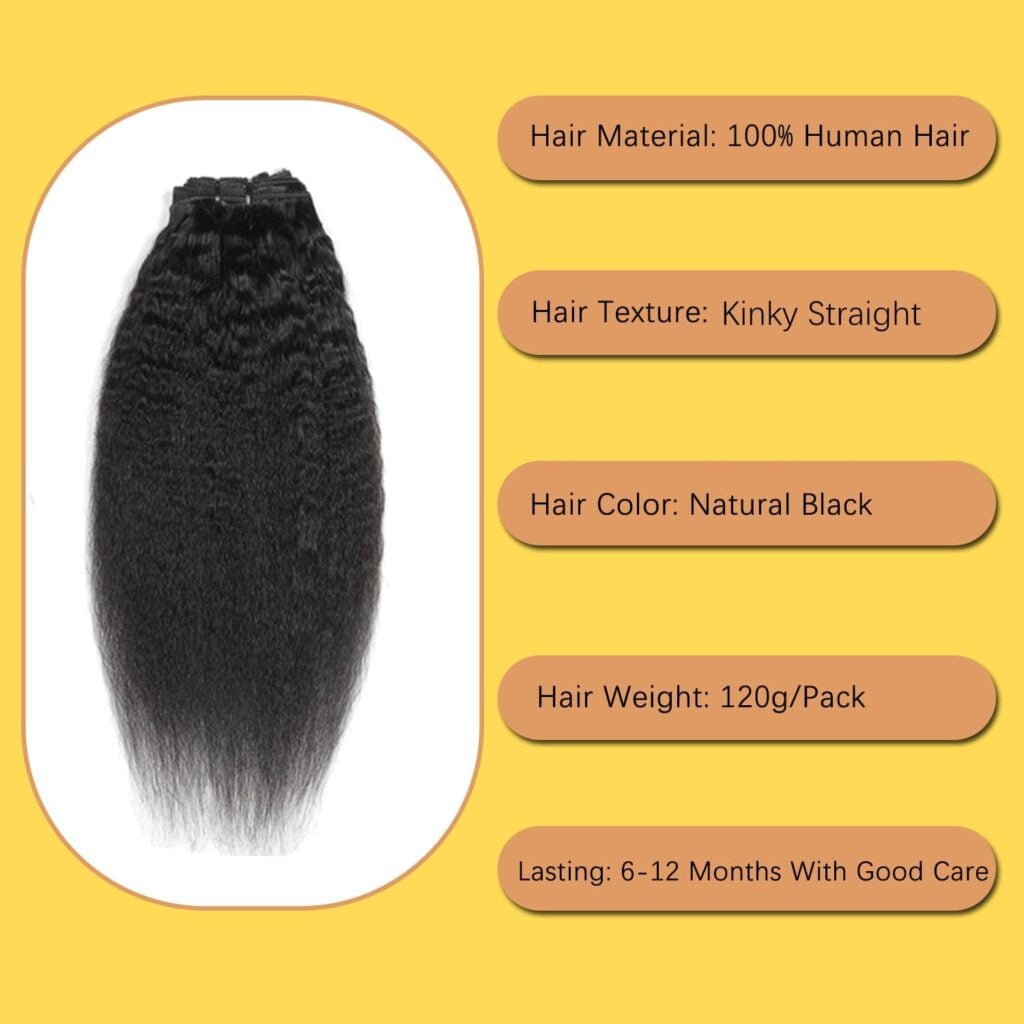 Kinky Straight Human Hair Clip in Extensions 120g Full Head Clip ins for Women 100% Unprocessed Brazilian Virgin Human Hair Yaki Straight Clip ins Remy Hair Natural Black 10 Inch